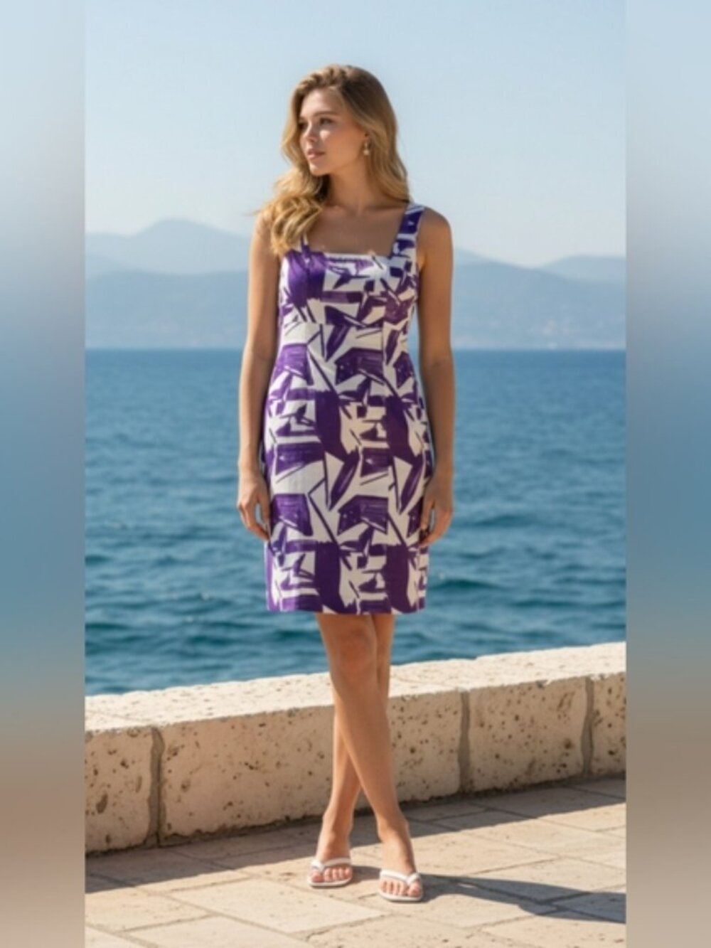 Alice + Olivia SZ 4 Purple White Sheath Dress Sleeveless Lined Stretch Knee Leng